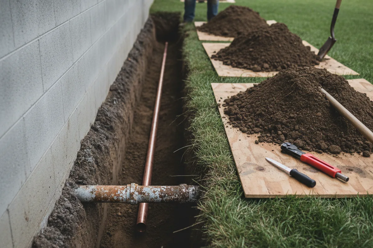 Excavated water line trench during Water Softener Installation in Evant